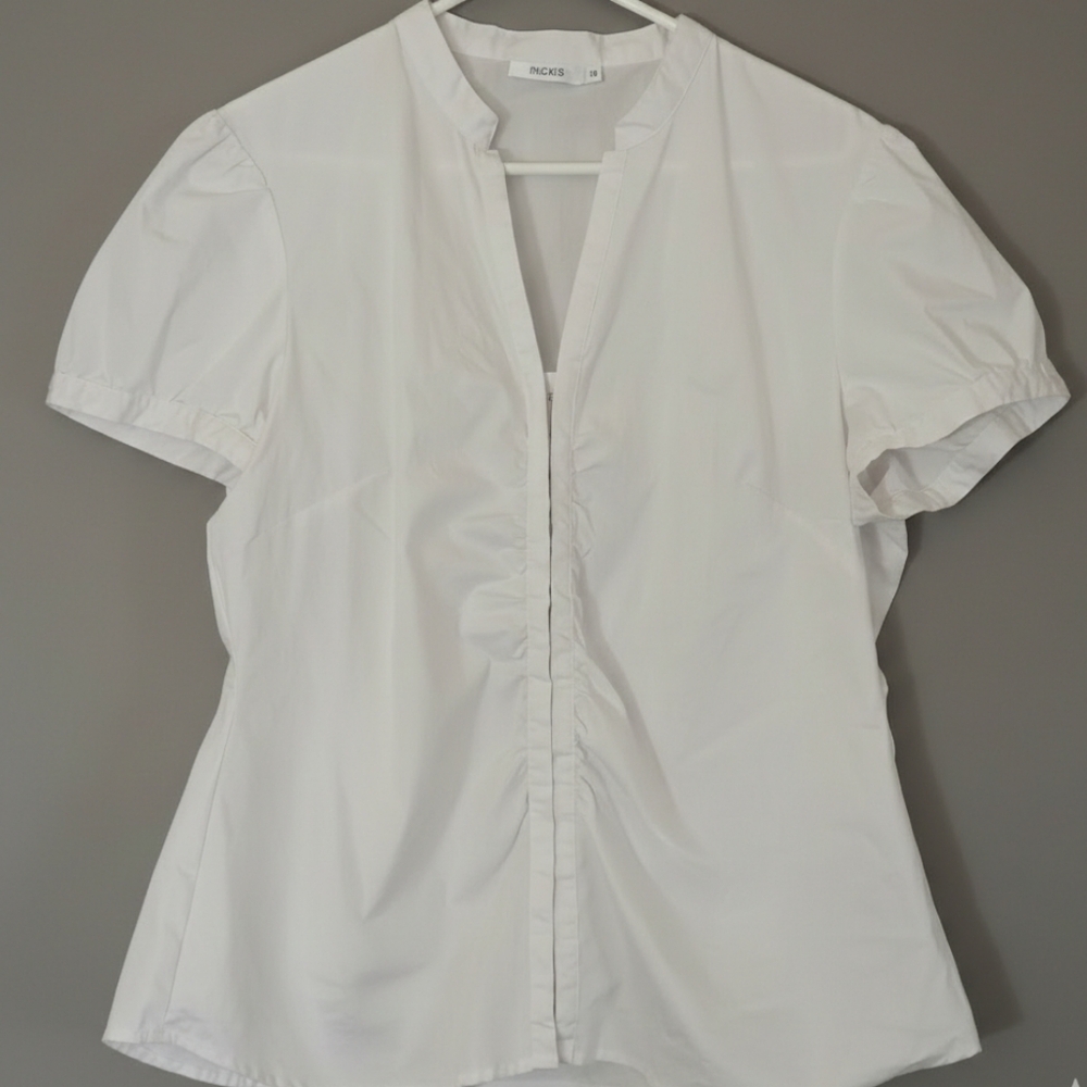 Ricki's Sz 18 White Mandarin Collar Ruched V-Neck Puff Sleeve Blouse Minimalist - Picture 2 of 16